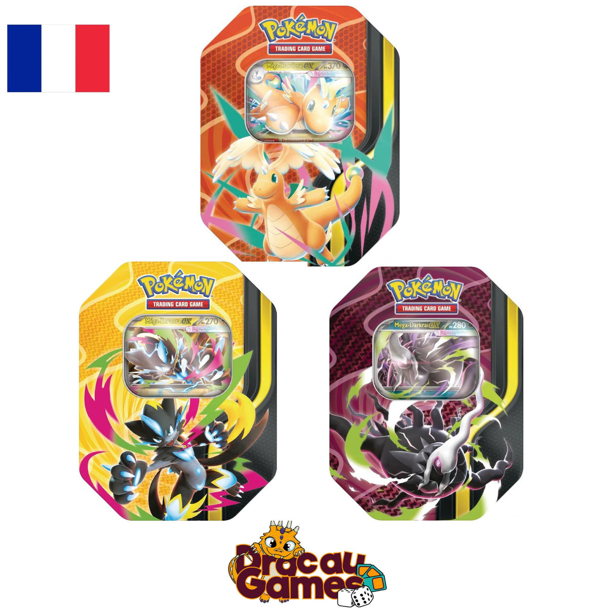 Pokémon - Lot de 3 Pokébox Méga Puissances Aout 2026 : Zeraora, Darkrai et Dracolosse